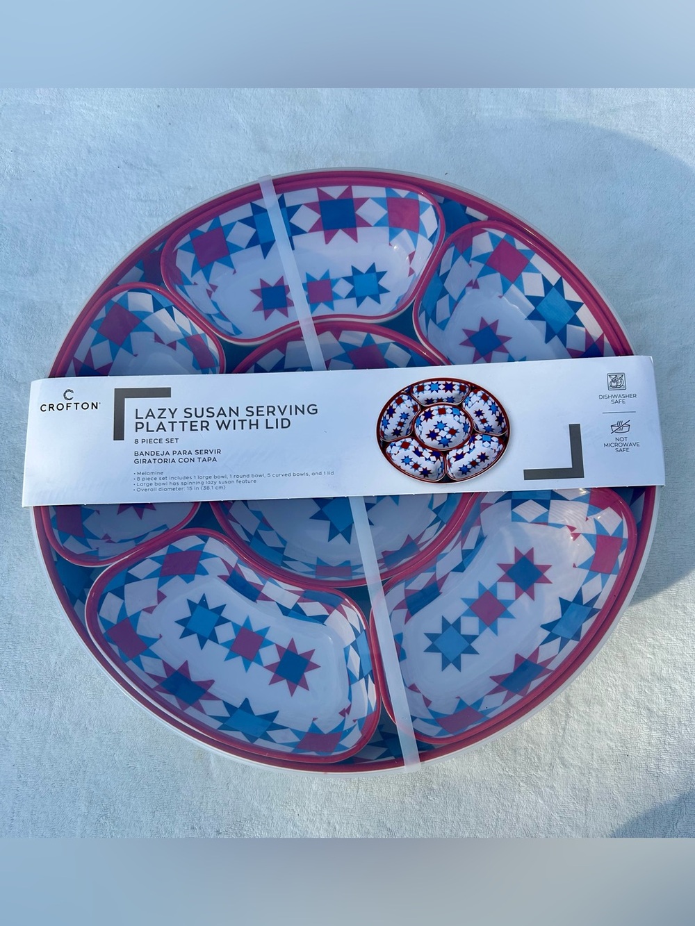 New Lazy Susan spinning Serving platter Melamine w. Lid 8 Piece Set